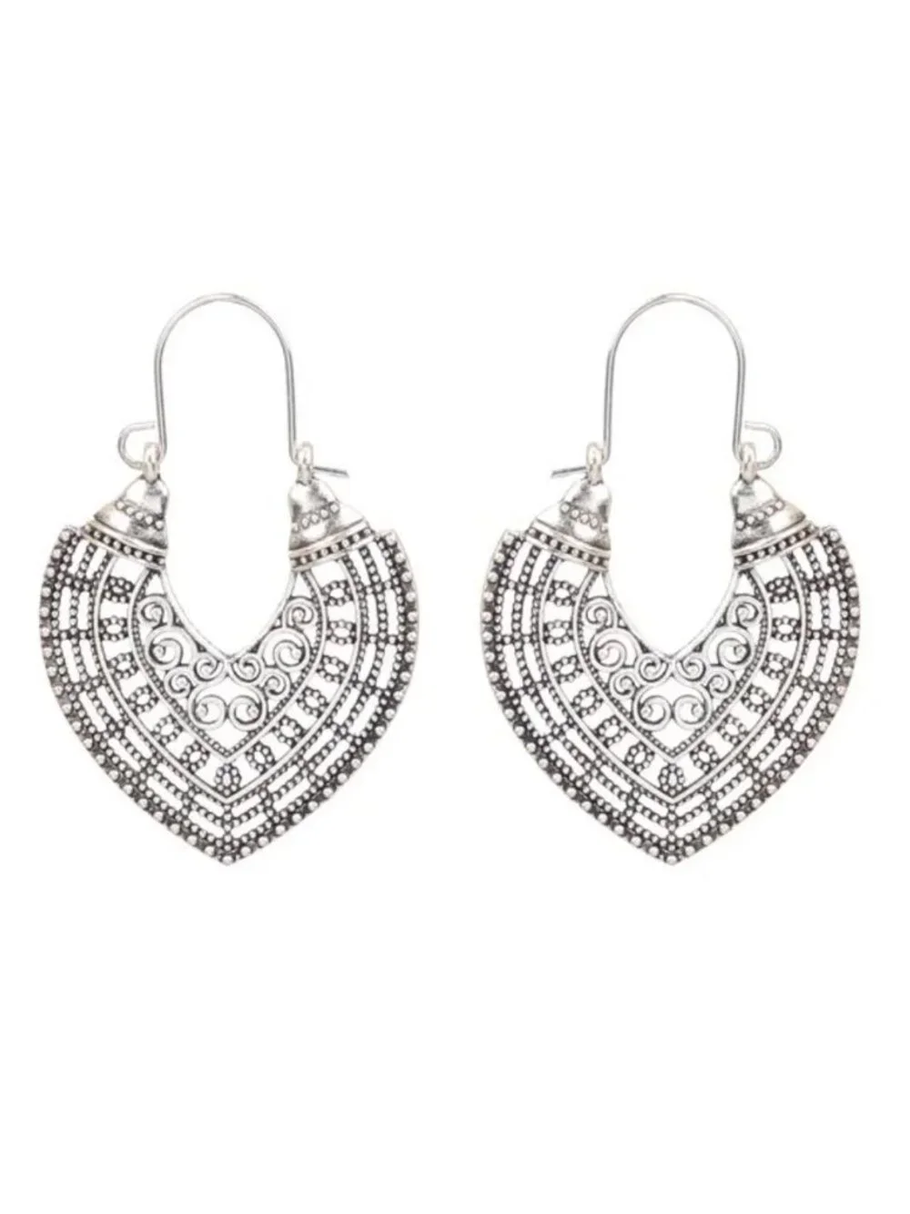 Boho Vintage-Style Silver Tone Tribal Earrings Hollowed Out Heart Design